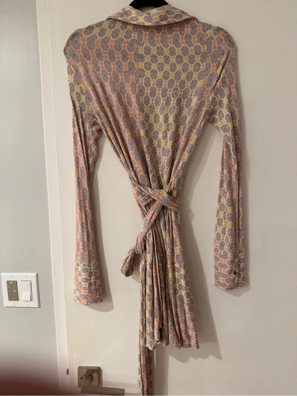 Wrap Front Long Sleeve Mini Dress in Light Pink and Yellow